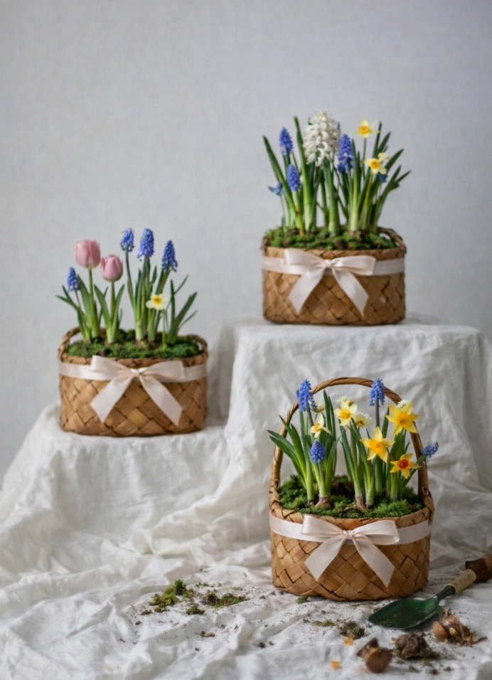 Луковичные композиции в лукошке